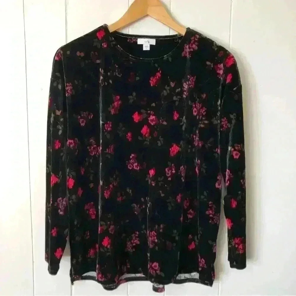 J.Jill Floral Printed Velvet Polyester Top Blouse Size S